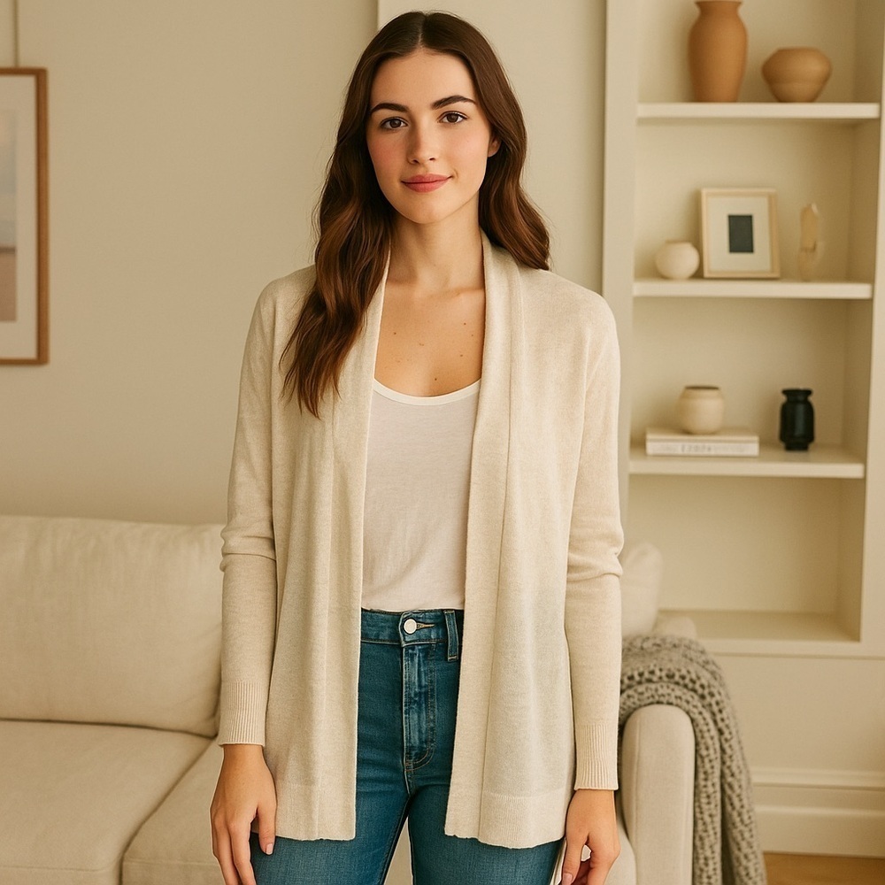 White + Warren Open Cardigan Cotton/Linen Blend Breathable Ivory Size XS